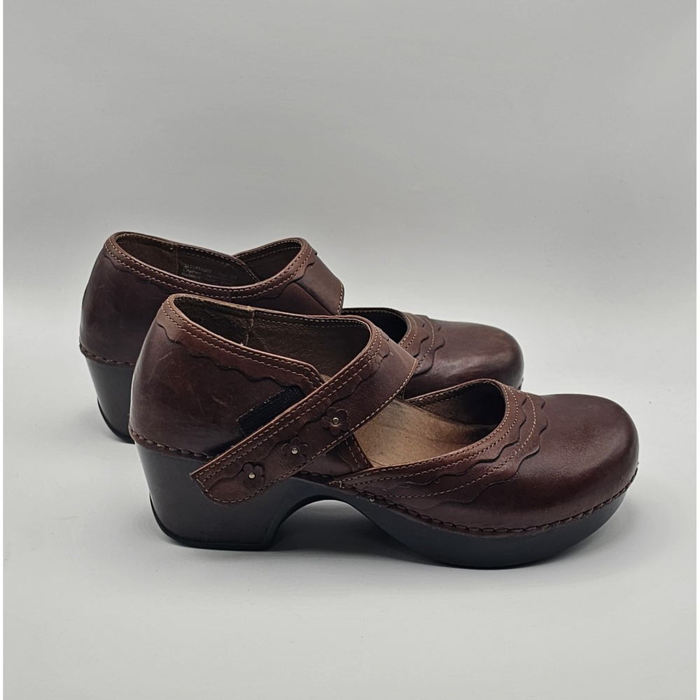 Dansko Mary Jane Platform Clogs Size 39 Hook Loop Flowers Burnish Brown